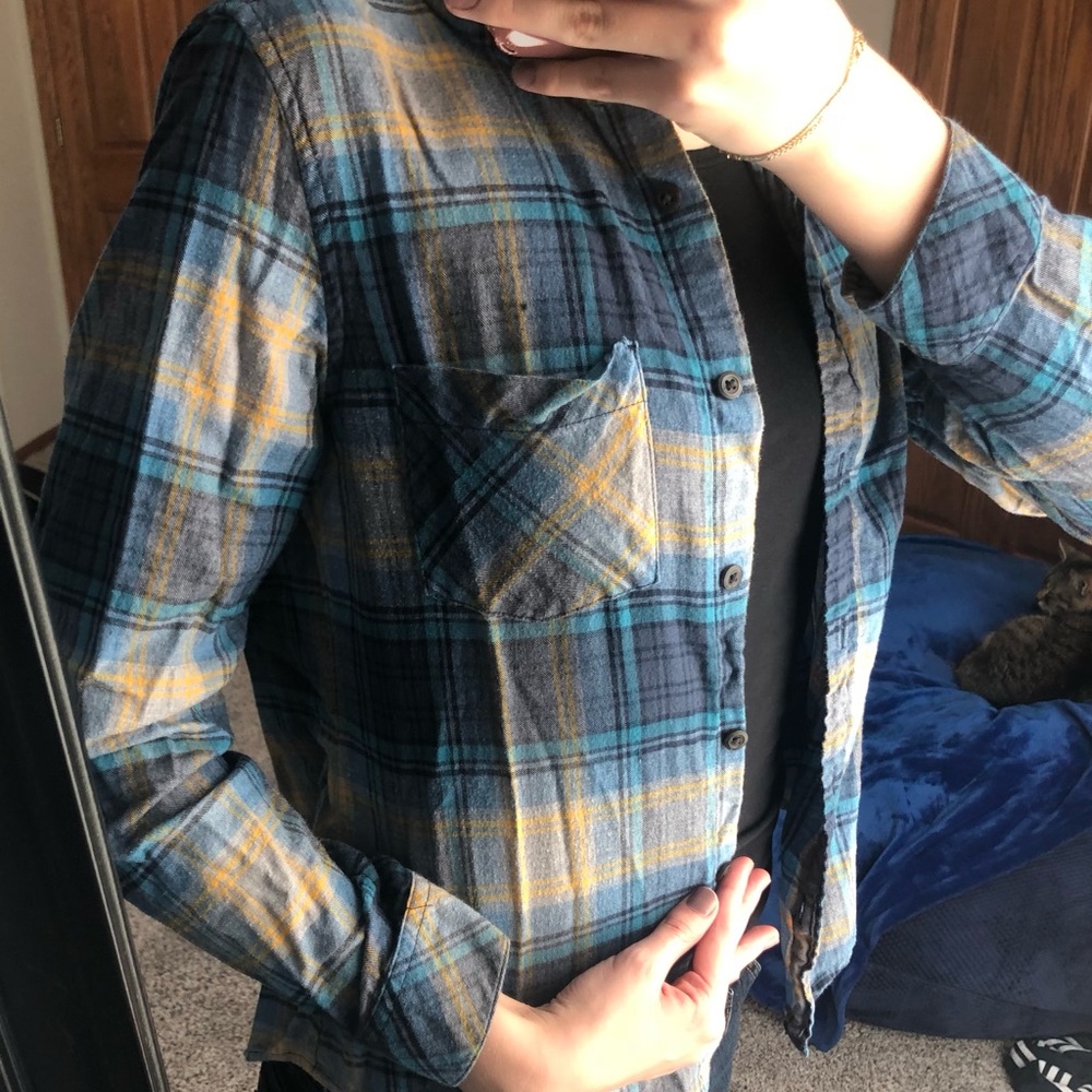 Blue and yellow Pendleton flannel button up with front pocket